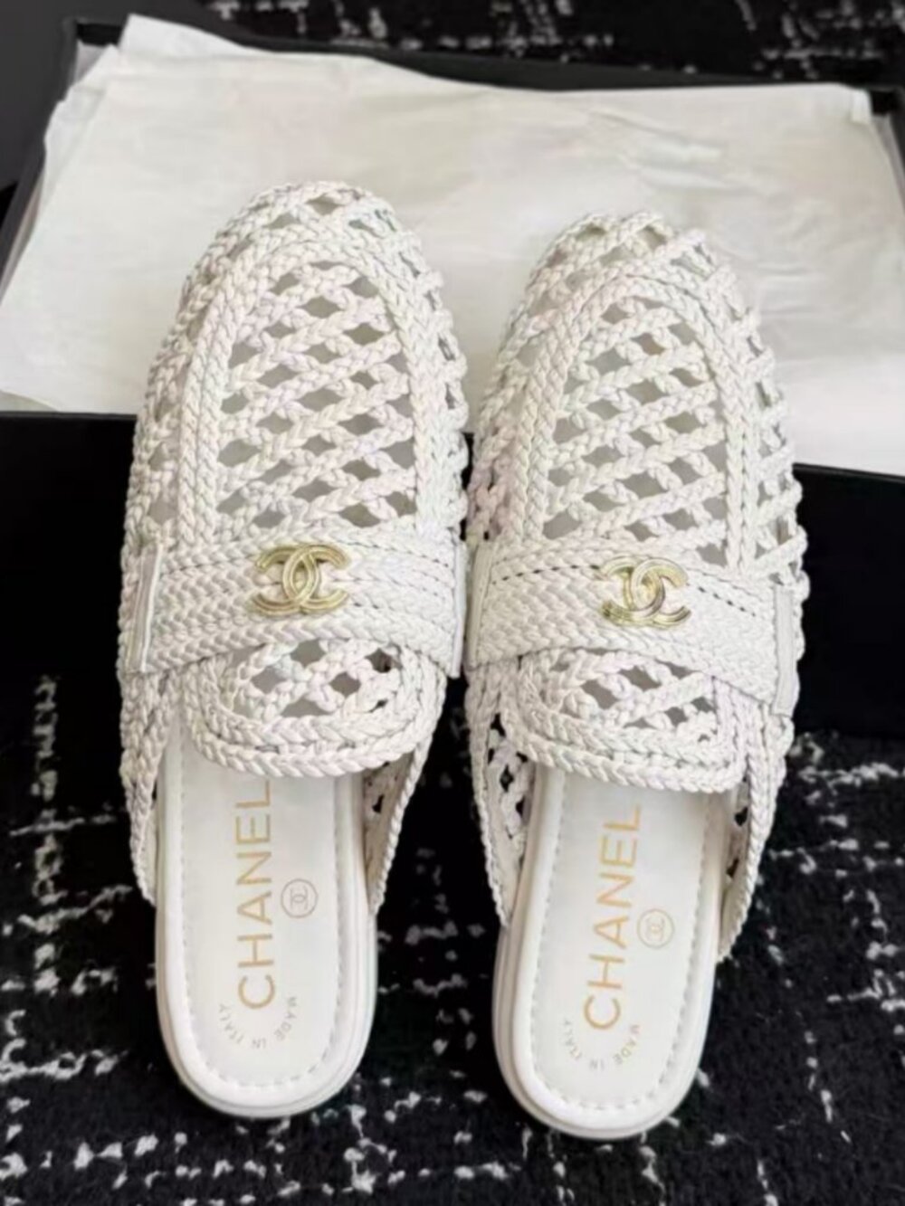 Chanel White Crochet CC Logo Mules